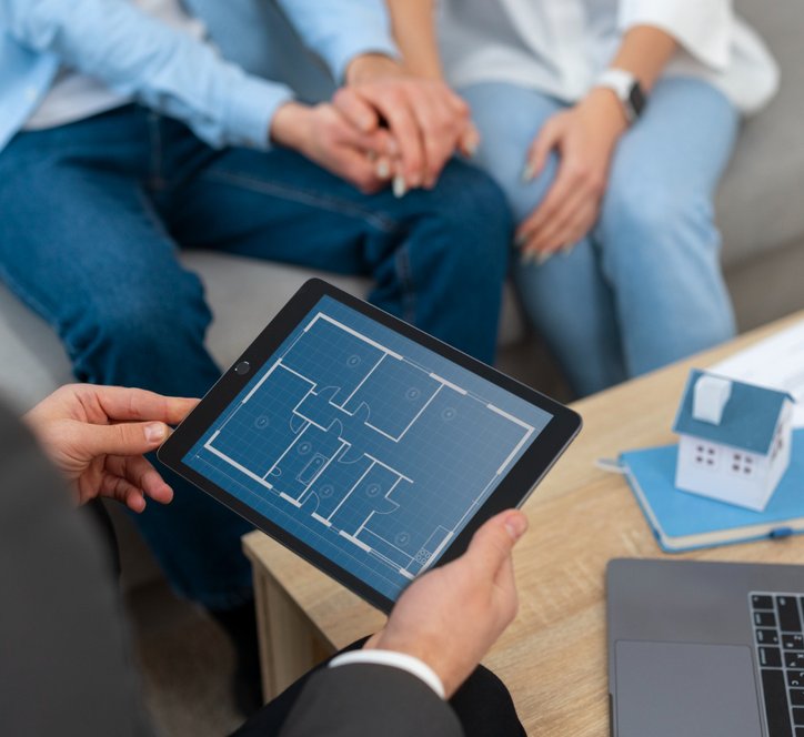 a surveyor looks at house blueprints on his tablet